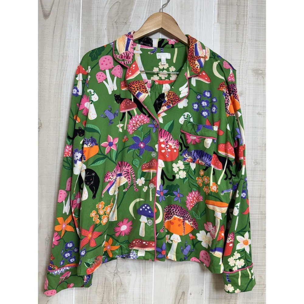Beauty Sleep Social Pajama Set Large Colorful Green Mushrooms Animals Insects